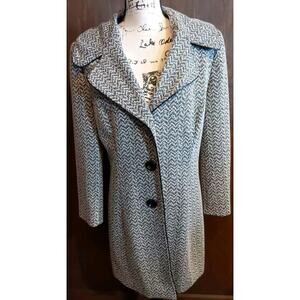 CAROLE LITTLE Long Tweed Jacket Coat Button Lined Womens Large faux leather trim